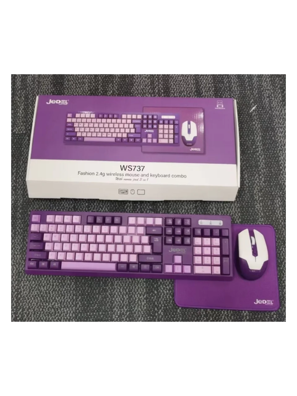 Jedel WS737 Kablosuz Klavye + Mouse + Mousepad 3'ü 1 Ara Set (Mor / Pembe)