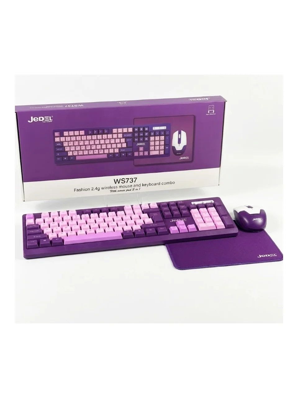 Jedel WS737 Kablosuz Klavye + Mouse + Mousepad 3'ü 1 Ara Set (Mor / Pembe)