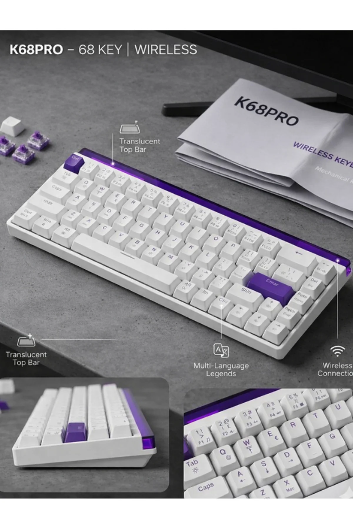 K68 Pro V3 Kablolu Mekanik Oyuncu Klavyesi Hottswapp Red Switch App Türkçe Q Gaming Beyaz Klavye