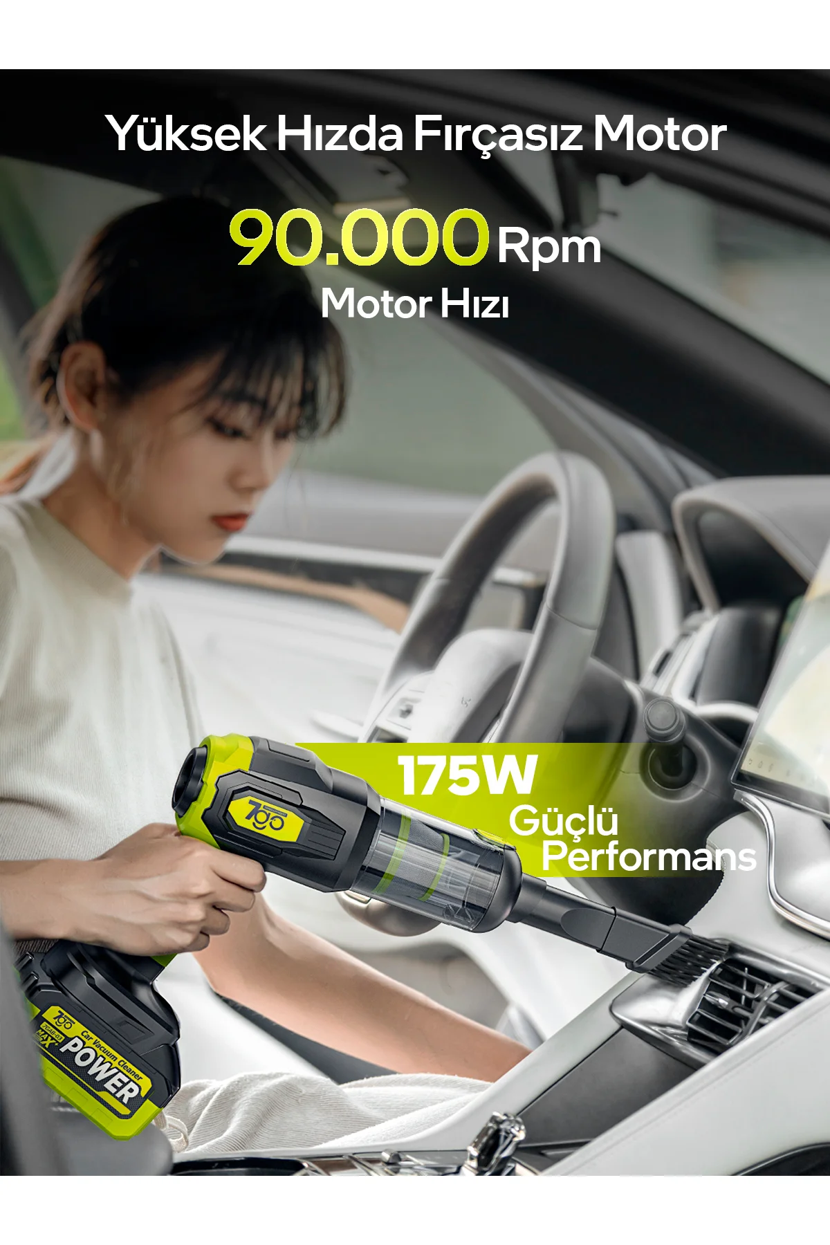Kablosuz Araç İçi Süpürge 20.000PA Güçlü Emiş 90.000RPM Motor 25.000mAH Süpürge