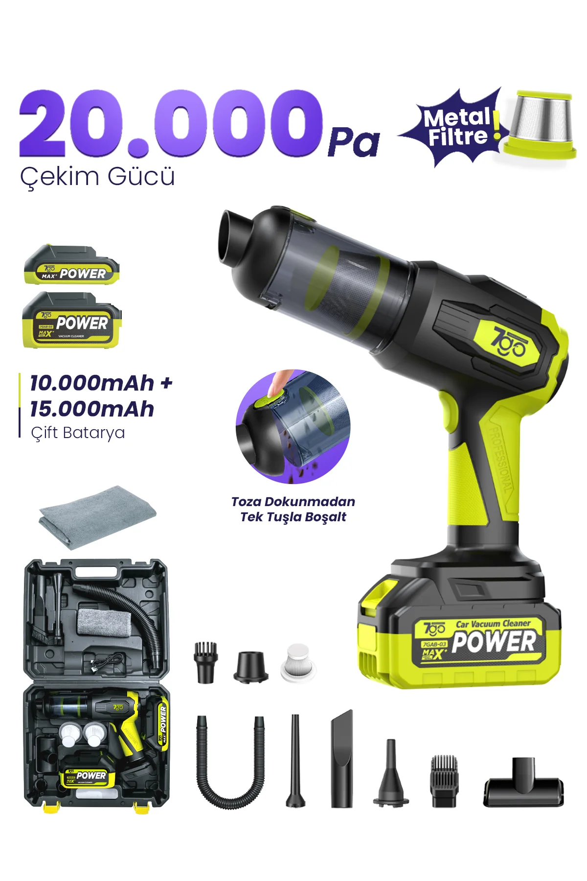 Kablosuz Araç İçi Süpürge 20.000PA Güçlü Emiş 90.000RPM Motor 25.000mAH Süpürge