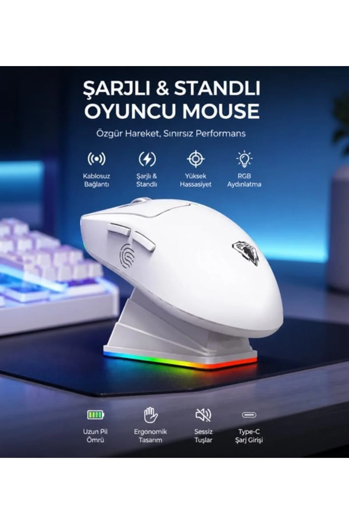 Kablosuz RGB Ultra Hafif 51gr Şarj İstasyonlu 6.400 DPI Gaming Oyuncu Mouse Bluetooth + 2.4G + Kablolu Oyunc