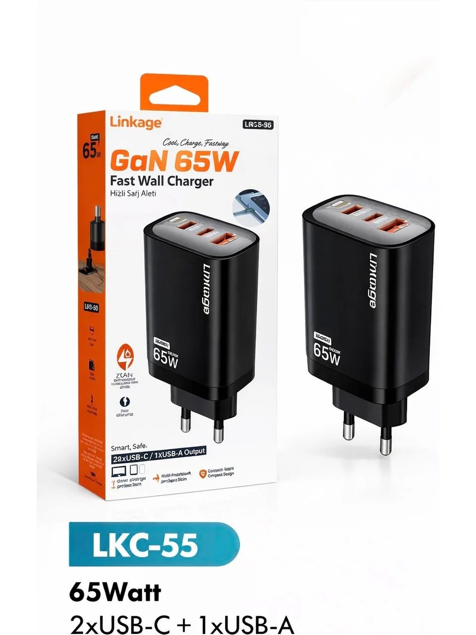 Lkc-55 65W Gan Hızlı Şarj Aleti 2xusb-C + Usb-A Çoklu Çıkışlı Adaptör