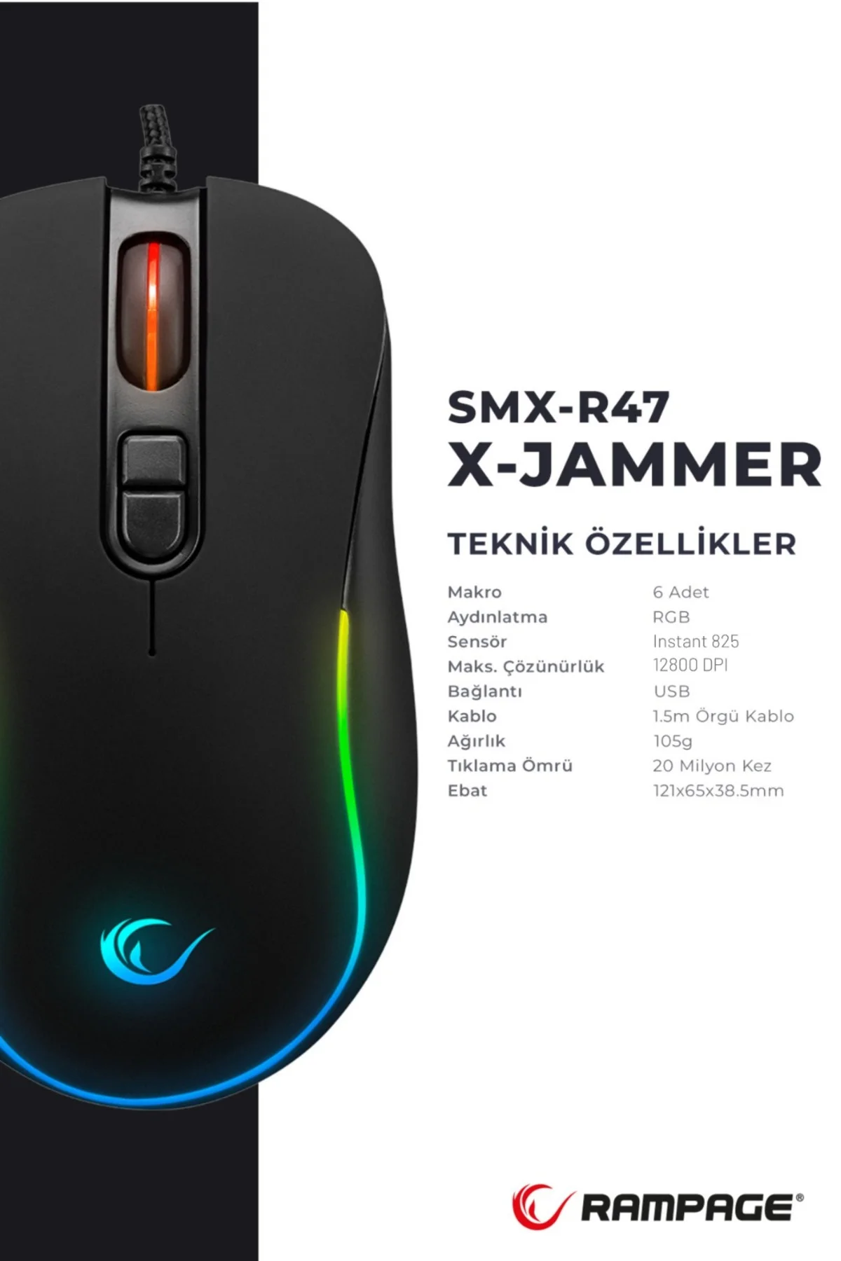 Rampage Smx-r47 X-jammer Usb Rgb Drag Click Örgü Kablo 12800 Dpi Makrolu Gaming Mouse Oyuncu Mouse