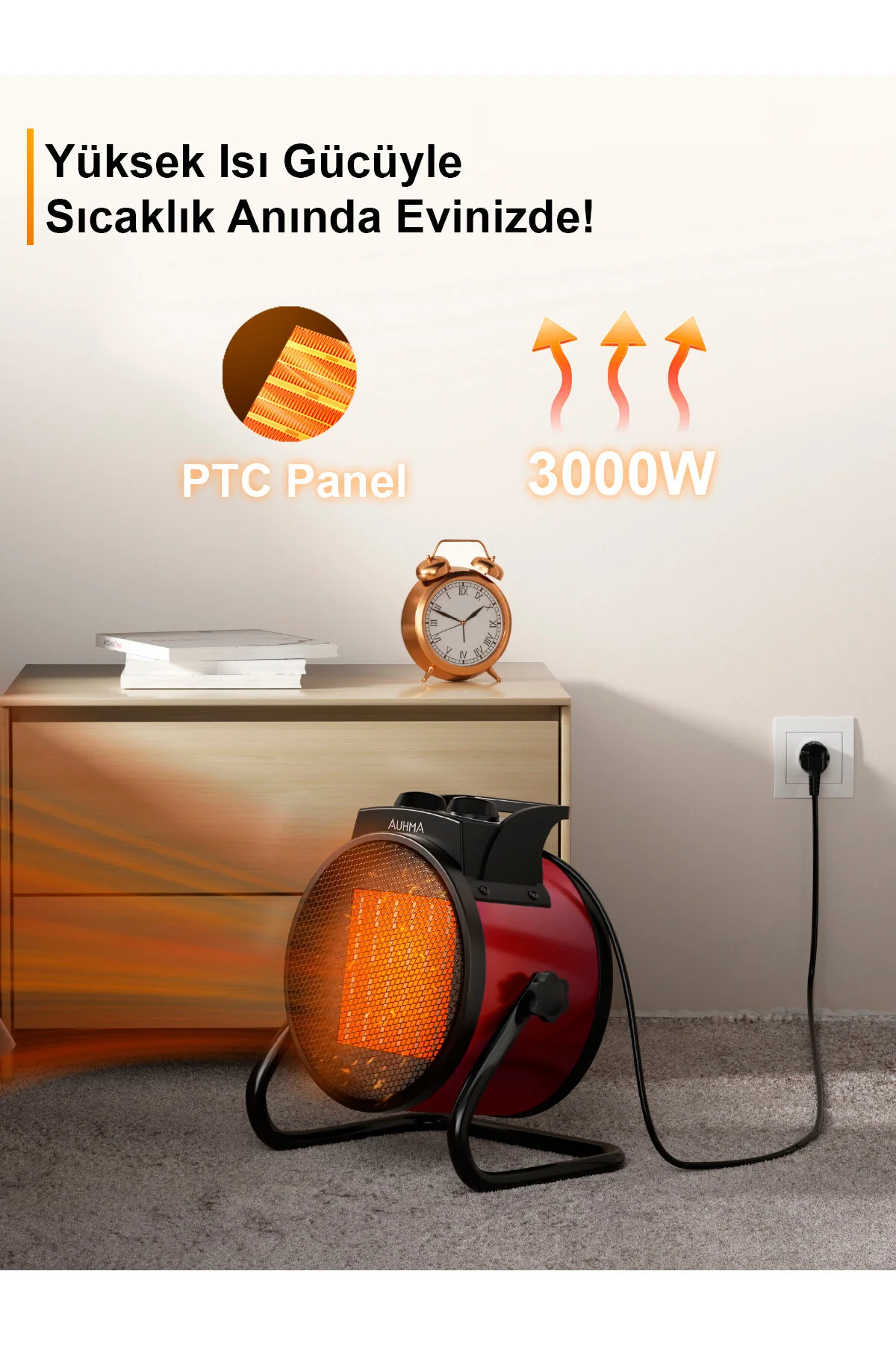 Auhma AT1H Elektrikli Isıtıcı Fan – 3000W, 3 Kademeli Ayarlı PTC Isıtma