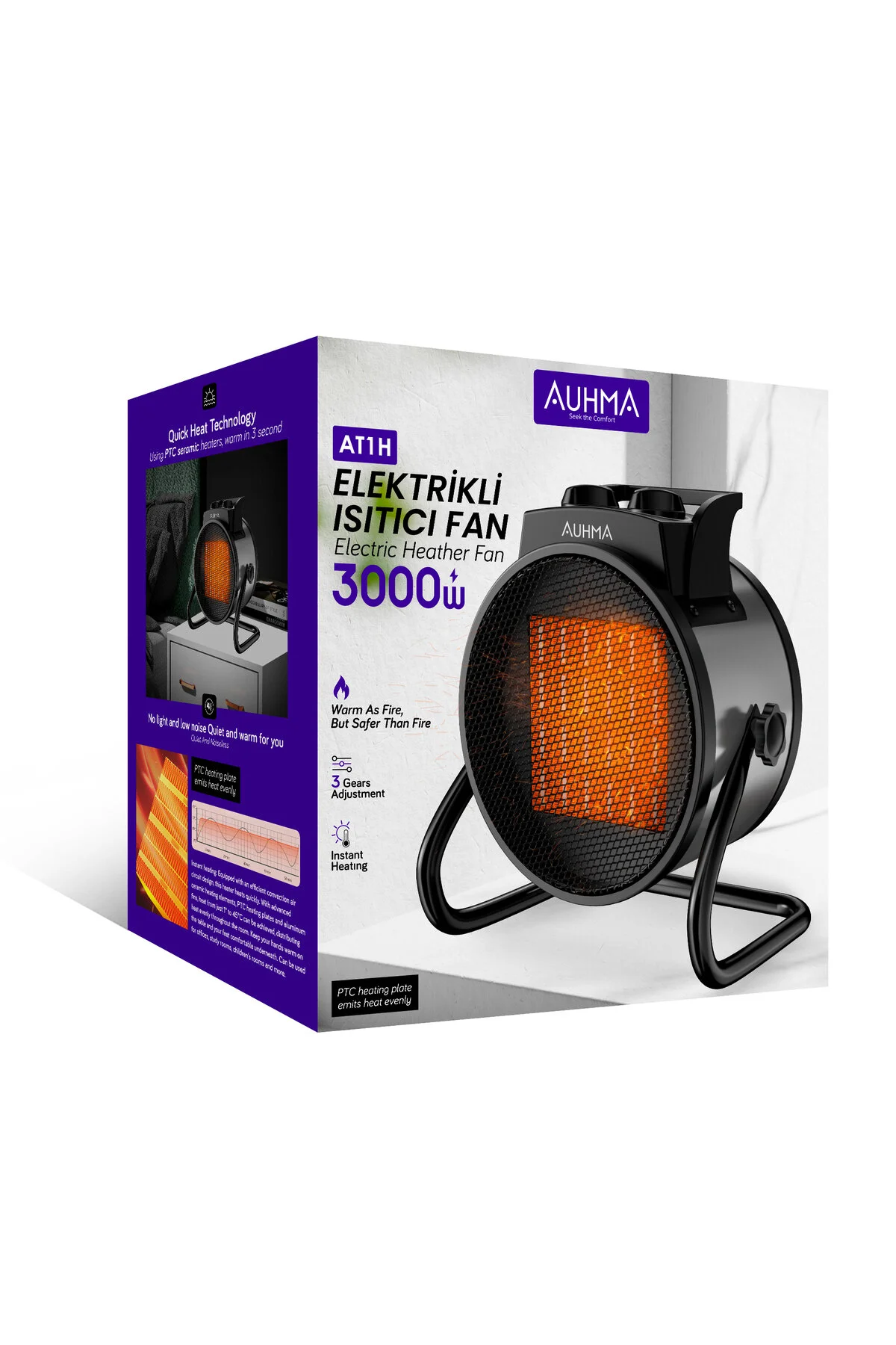 Auhma AT1H Elektrikli Isıtıcı Fan – 3000W, 3 Kademeli Ayarlı PTC Isıtma