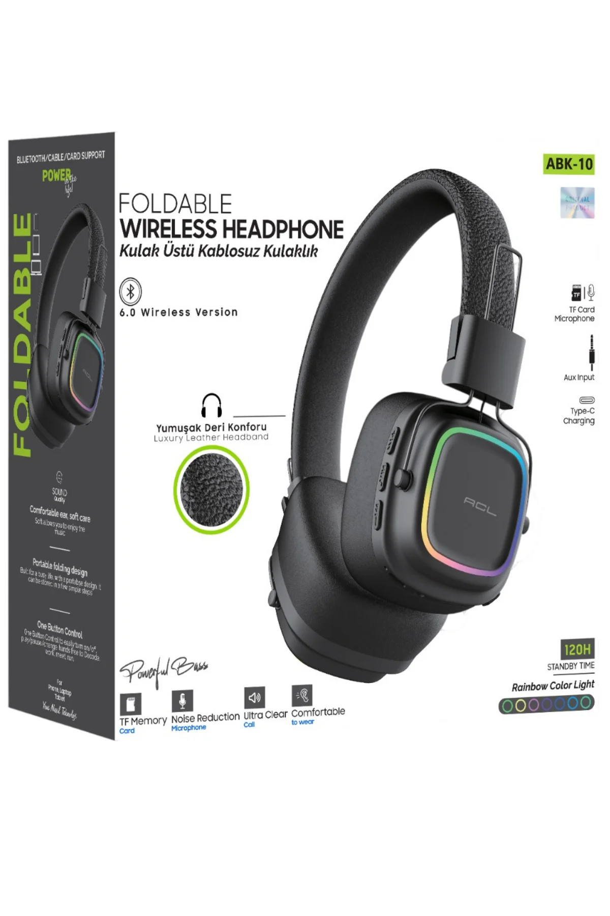 ABK10 Sarftech Katlanabilir Kablosuz Kulak Üstü Kulaklık - Bluetooth 6.0, TF Kart ve Aux Girişli, RGB Işıklı, Gürültü Azaltma Özellikli Mikrofonlu Kulaklık
