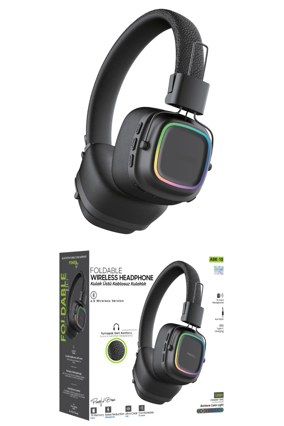 ABK10 Sarftech Katlanabilir Kablosuz Kulak Üstü Kulaklık - Bluetooth 6.0, TF Kart ve Aux Girişli, RGB Işıklı, Gürültü Azaltma Özellikli Mikrofonlu Kulaklık