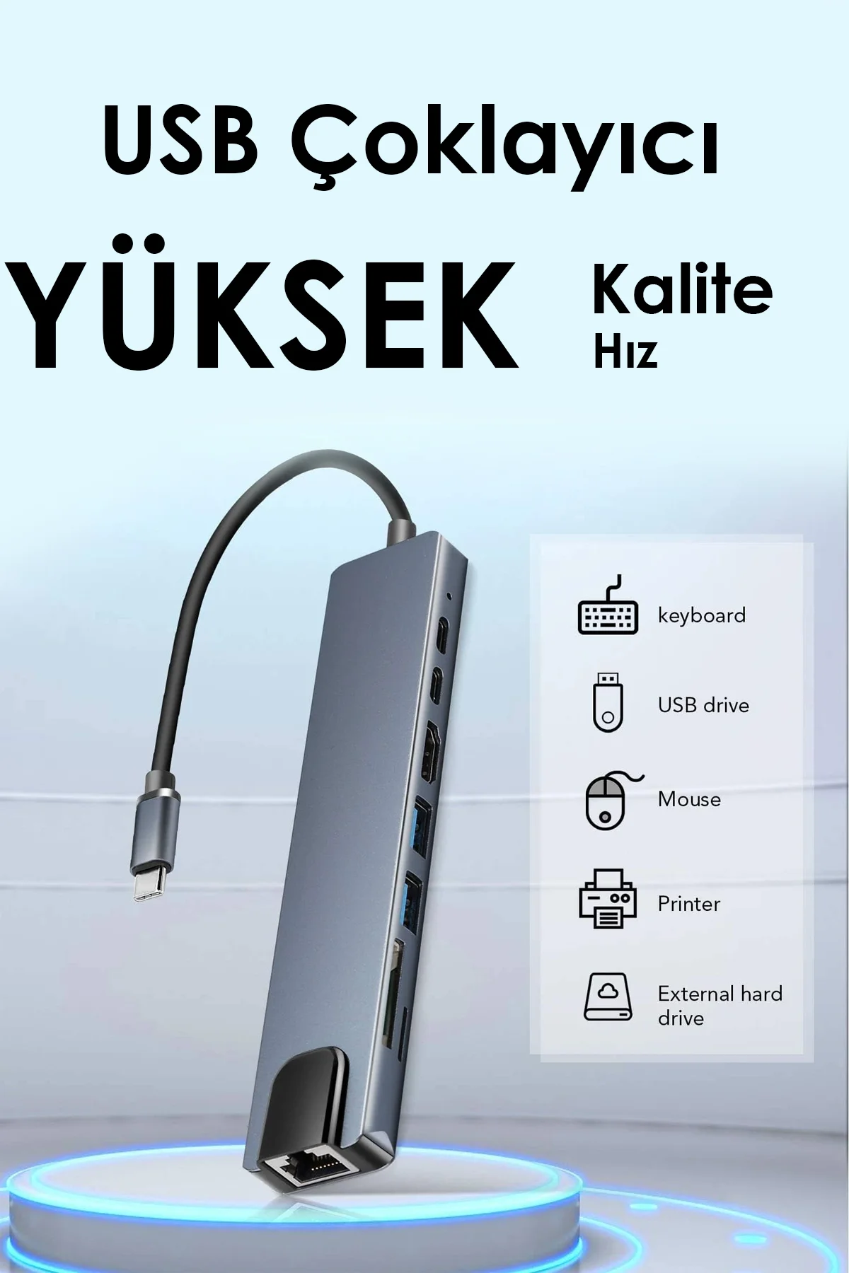 Sarftech Type-C USB Hub 8 in 1 Çoklayıcı - MacBook, iPad, Windows & Android Uyumlu 4K HDMI ve RJ45 LAN Adaptörü