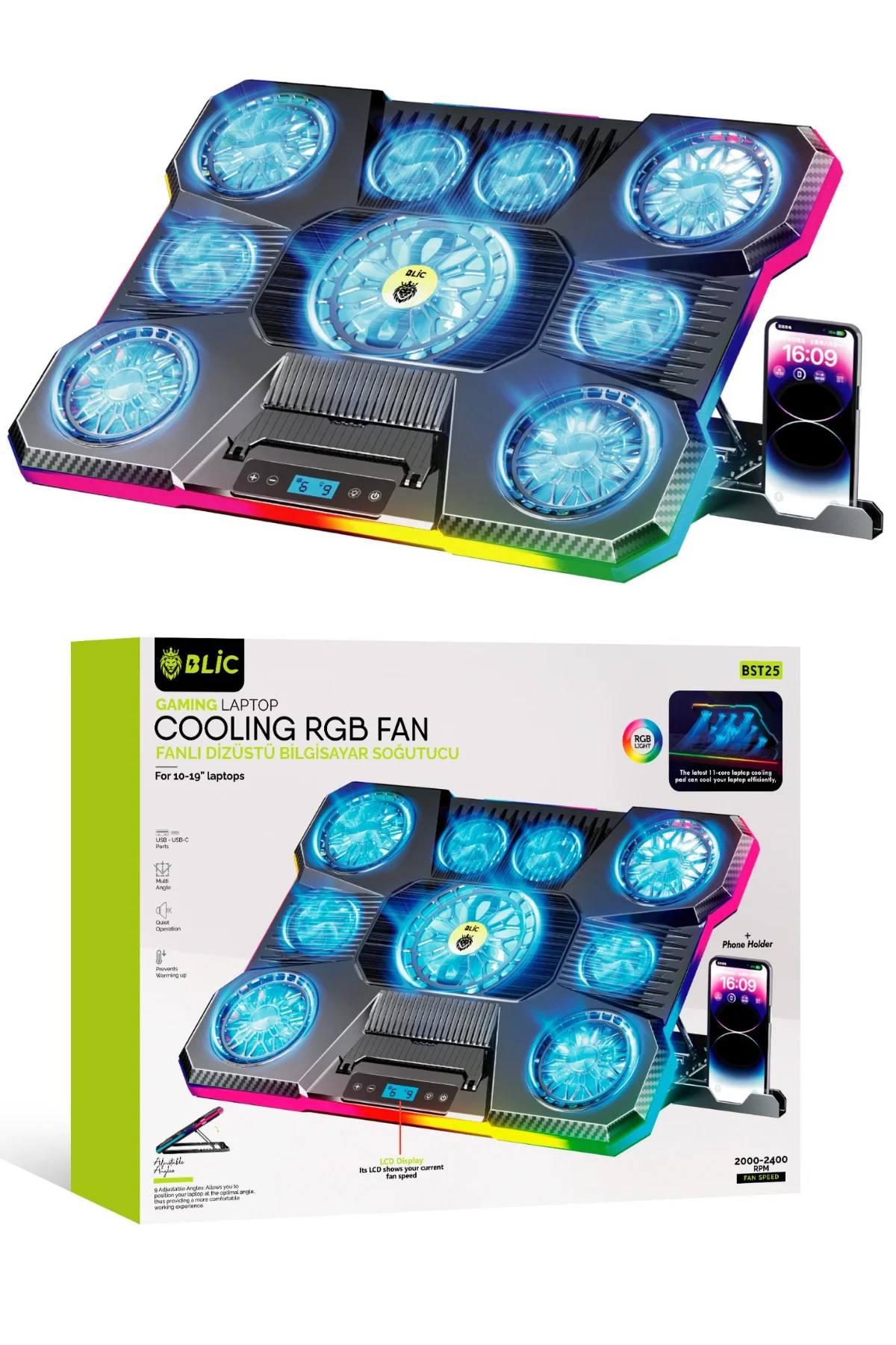 Siyah RGB 9 Fanlı LCD Ekranlı 10-19" Inç 2.400RPM Telefon Tutacaklı Notebook Dizüstü Soğutucu Stand