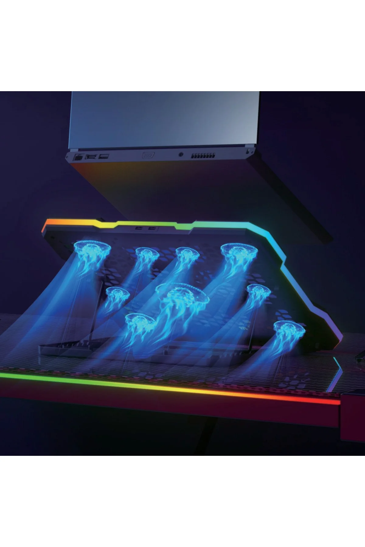 Siyah RGB 9 Fanlı LCD Ekranlı 10-19" Inç 2.400RPM Telefon Tutacaklı Notebook Dizüstü Soğutucu Stand