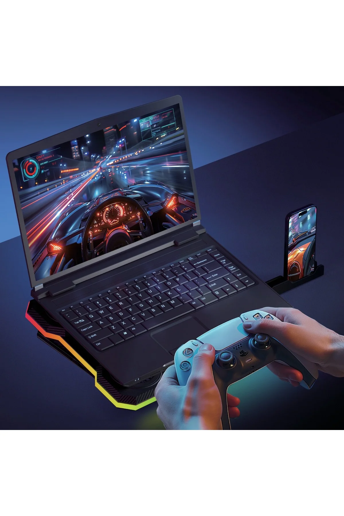 Siyah RGB 9 Fanlı LCD Ekranlı 10-19" Inç 2.400RPM Telefon Tutacaklı Notebook Dizüstü Soğutucu Stand