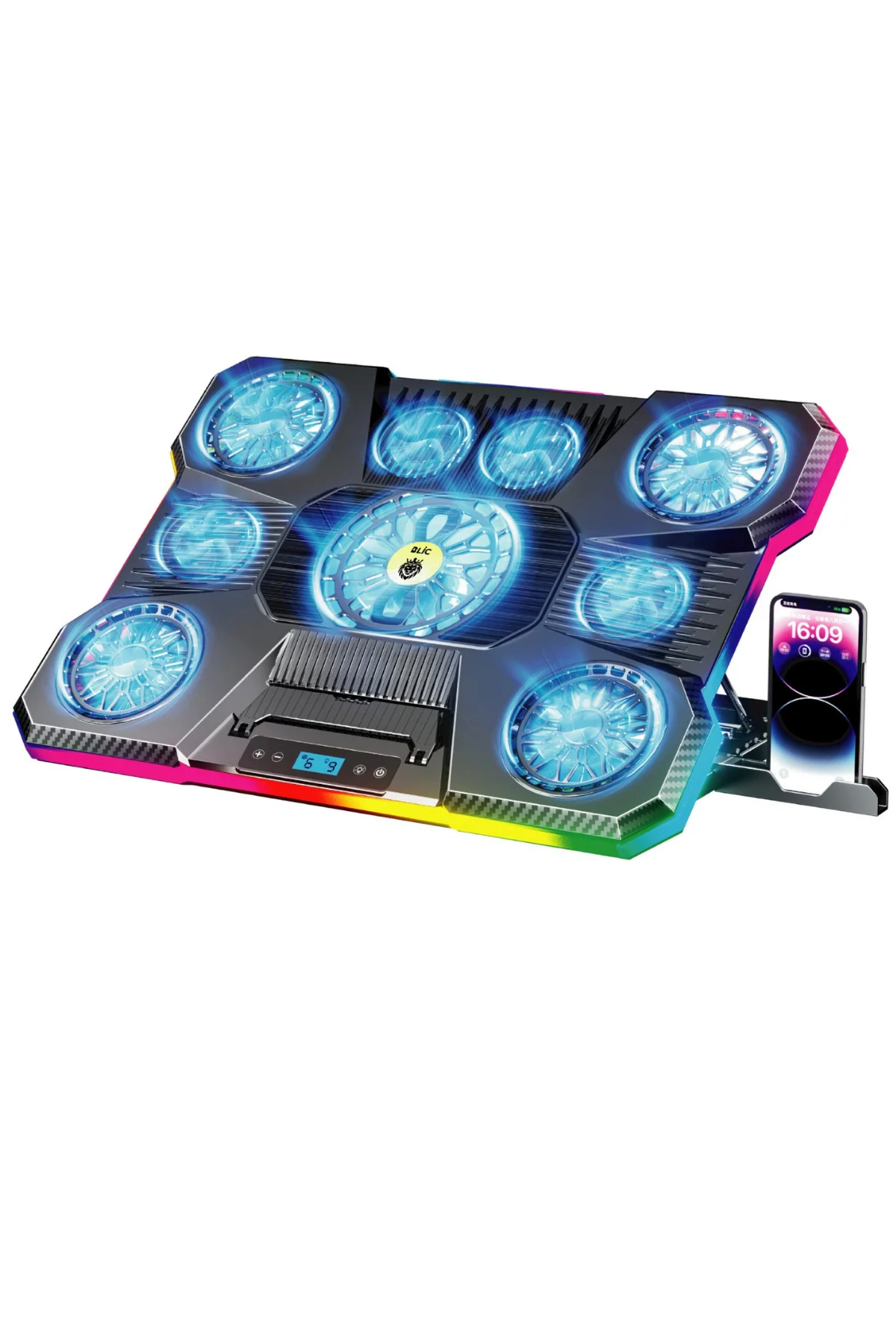 Siyah RGB 9 Fanlı LCD Ekranlı 10-19" Inç 2.400RPM Telefon Tutacaklı Notebook Dizüstü Soğutucu Stand