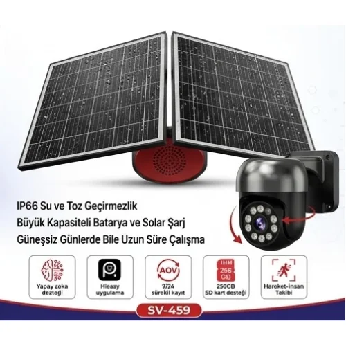 SV-459 Çift Panelli 3 Ptz Sim Kartlı Solar Kamera ( 1 Yıllık Sim Kart Hediyeli)