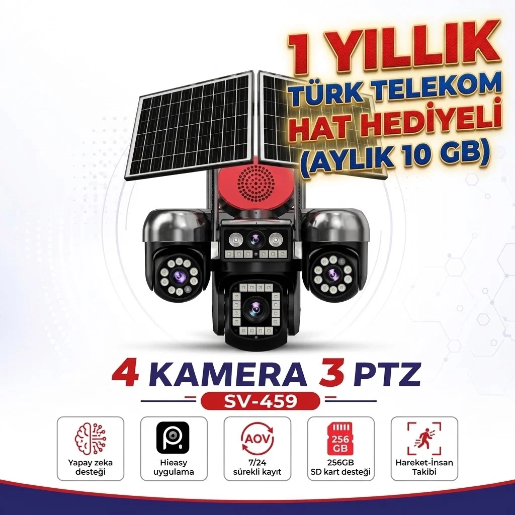 SV-459 Çift Panelli 3 Ptz Sim Kartlı Solar Kamera ( 1 Yıllık Sim Kart Hediyeli)